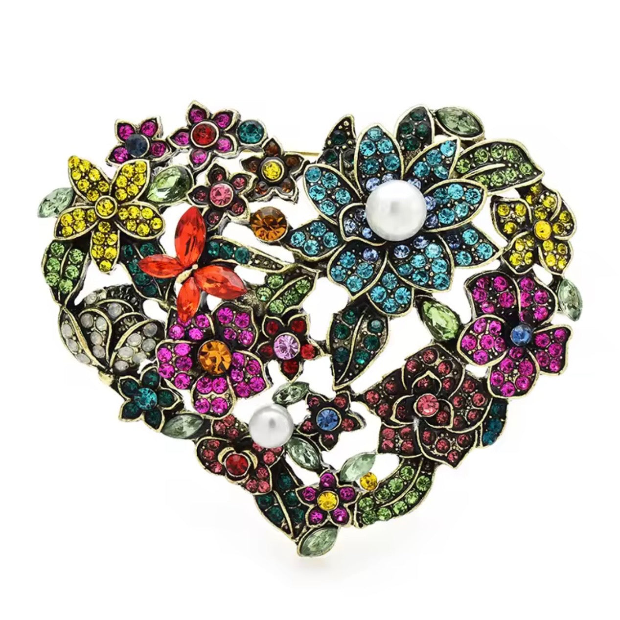 🌸 Floral Heart Rhinestone Brooch – Colorful Statement Pin