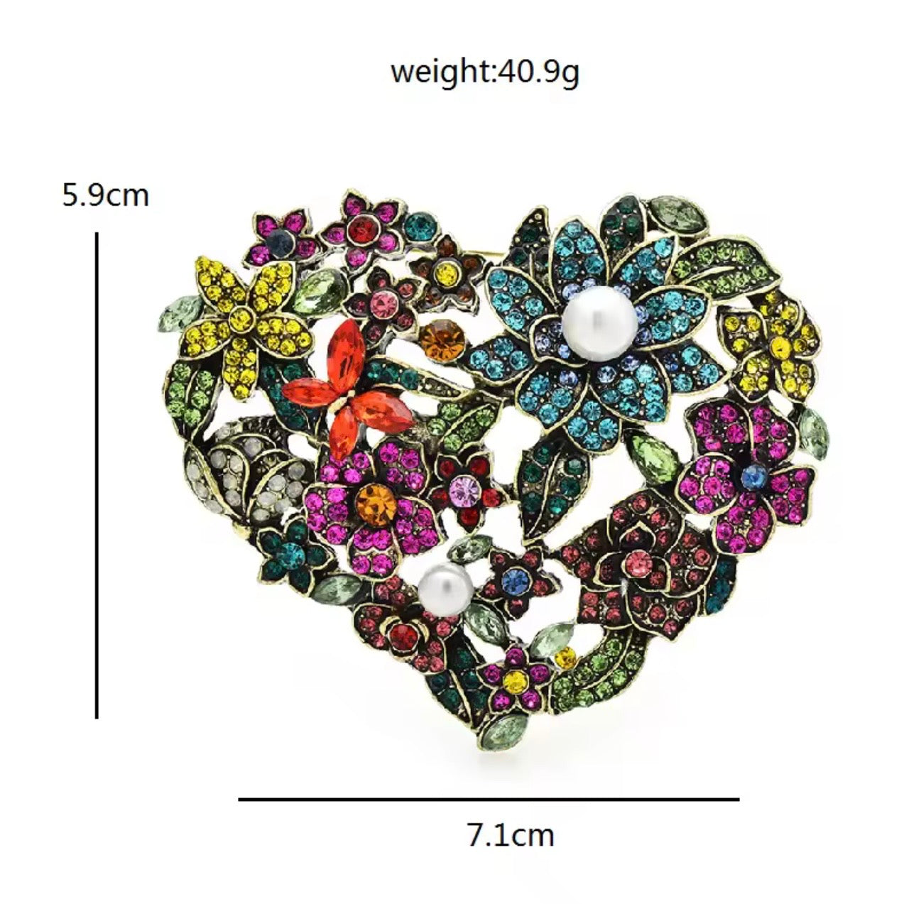 🌸 Floral Heart Rhinestone Brooch – Colorful Statement Pin